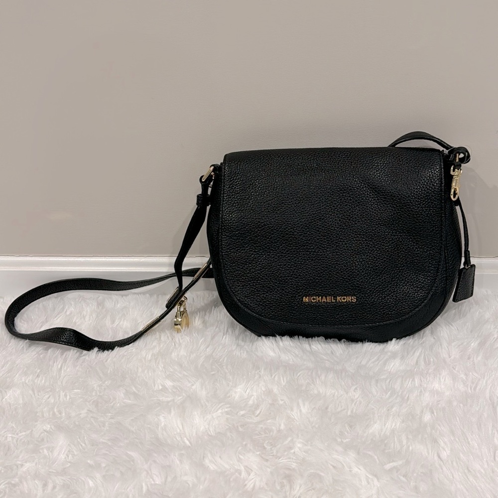 Michael Kors LG Hamilton Black Leather Crossbody Bag with Gold Hardware